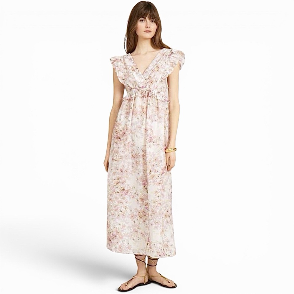 Munthe Floral Cotton Silk Blend Maxi Dress Size 10 Ruffle Sleeve Open Back
